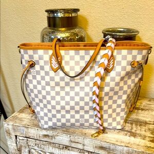 Louis Vuitton Checkered Tan and Cream Tote Bag with Pink Accents